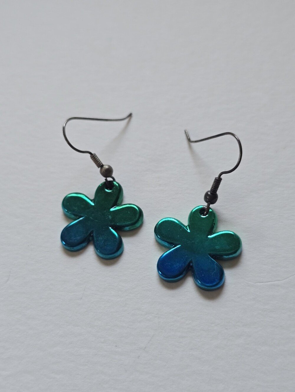Iridescent Green-Blue Flower Dangle Earrings